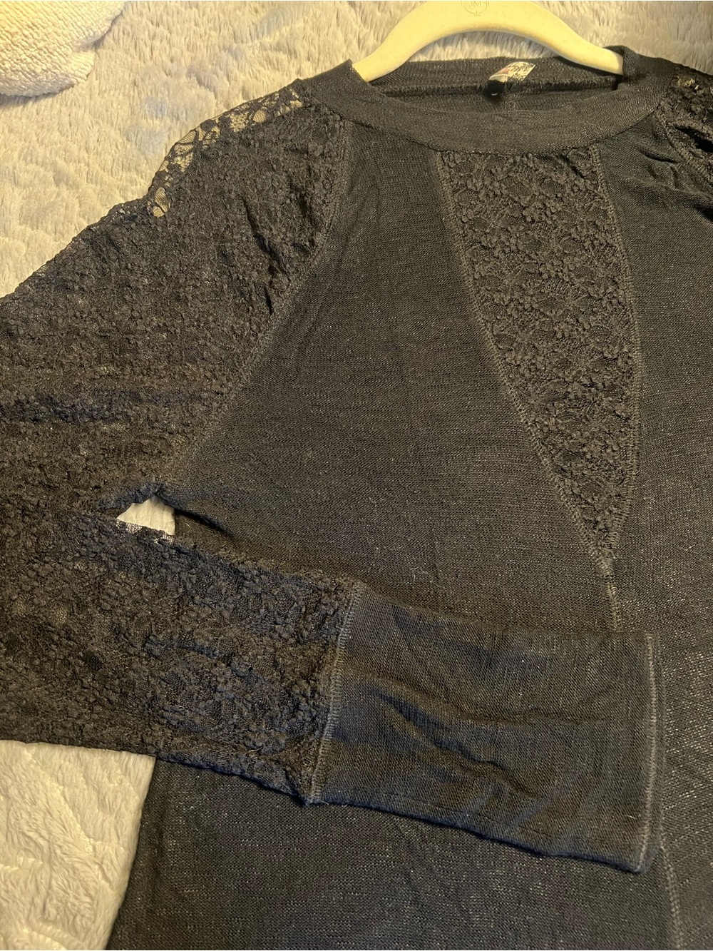 Free People Black Lace Inset Long Sleeve Top